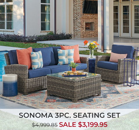 Sonoma 3-piece seating set with cushions, coffee table, and sale price displayed.
