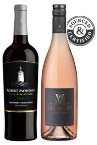 Two wine bottles with labels and a certification badge.