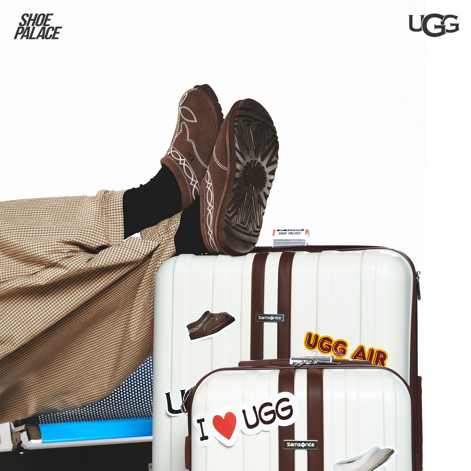 Feet resting on luggage with 