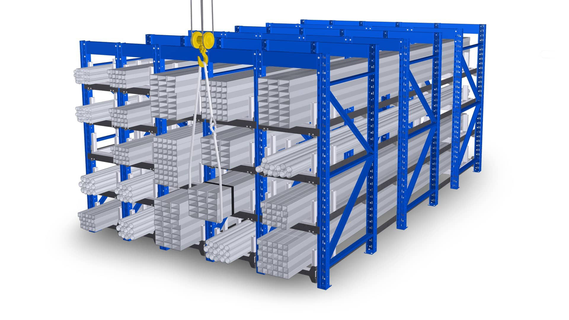 A blue industrial shelving unit with stacked white materials.