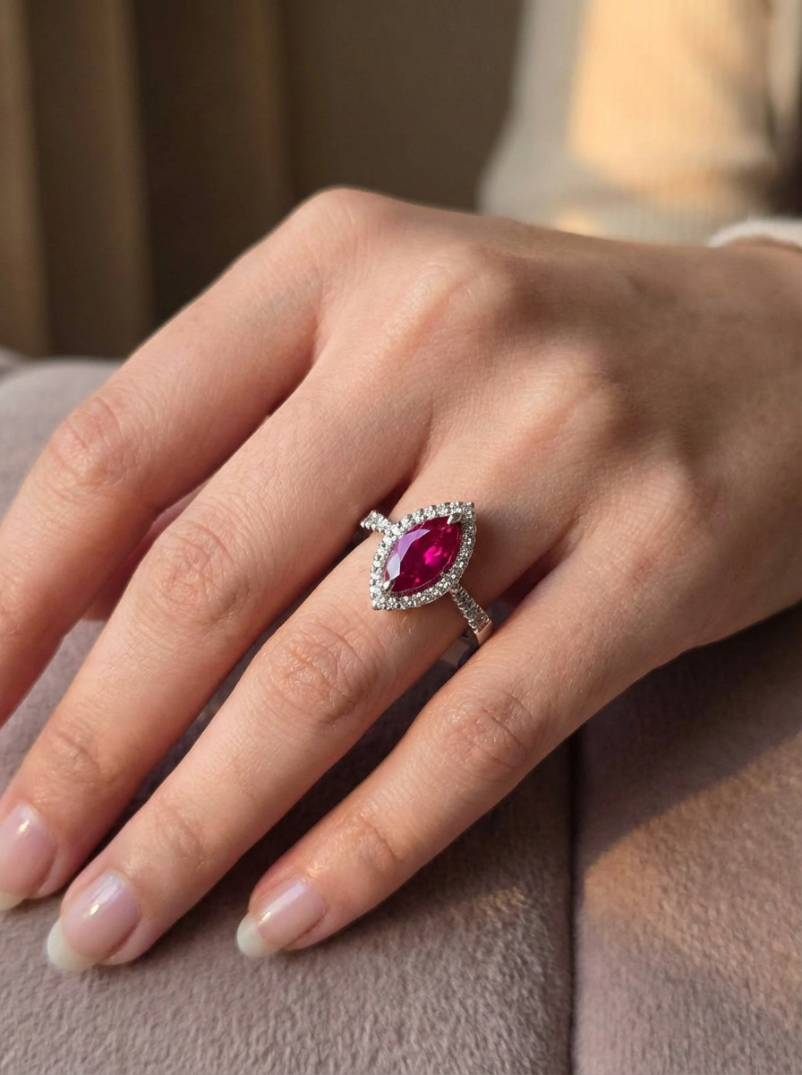 Close-up of the 1.82ct natural ruby and diamond ring