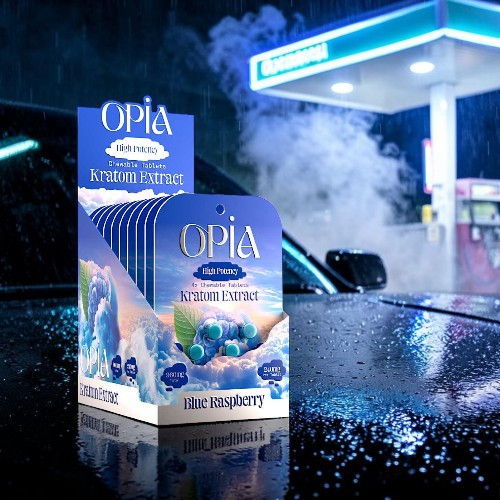Blueberry air freshener displayed at a gas station at night.