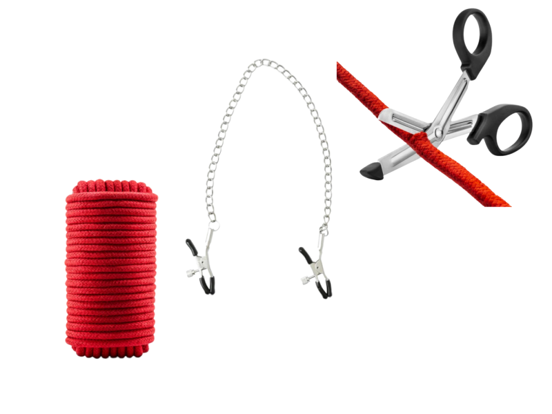 BDSM kit bundle image shows the three items that come in the kit. The image shows a bundle of cotton bondage rope, a pair of safety shears in case of emergency, and a set of nipple clamps.
