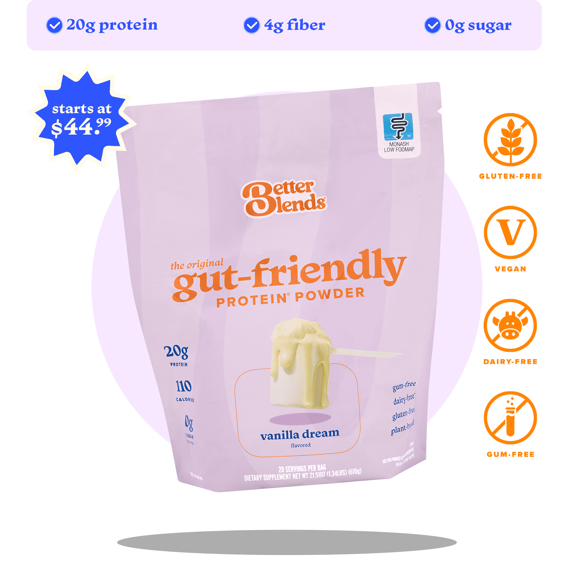 Better Blends Vanilla Dream gut-friendly protein powder with 20g protein, 4g fiber, 0g sugar, and Low FODMAP, gluten-free, vegan, dairy-free, and gum-free claims.