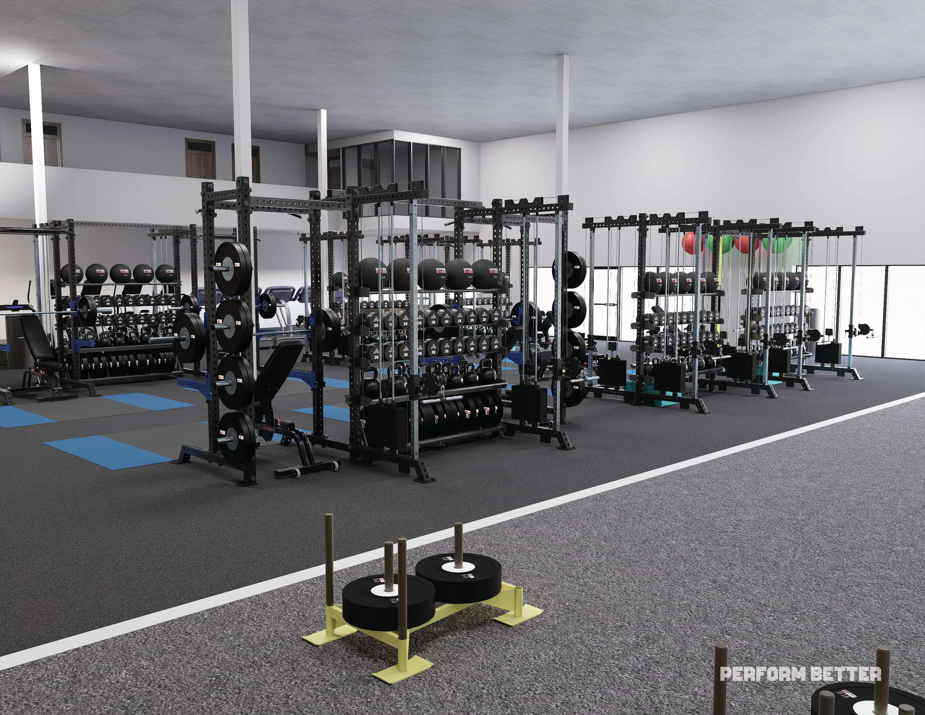A modern gym interior with weightlifting equipment and training areas.