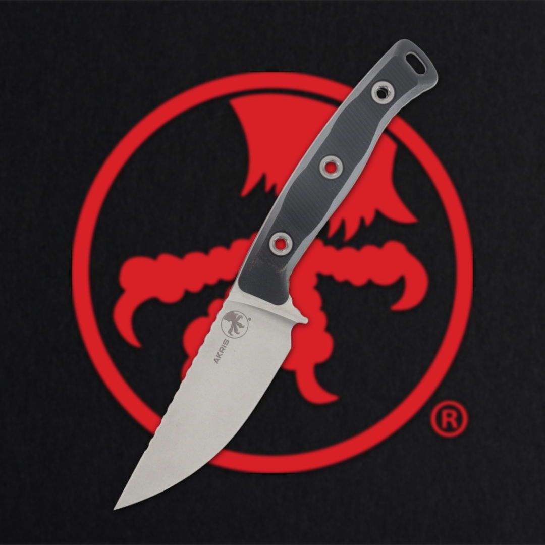 Knife with a black handle on a red logo background.