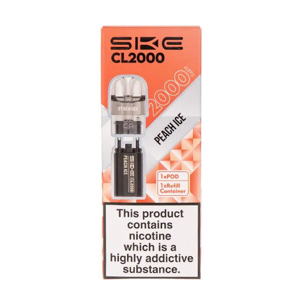 SKE CL2000 vape packaging with warning about nicotine addiction.