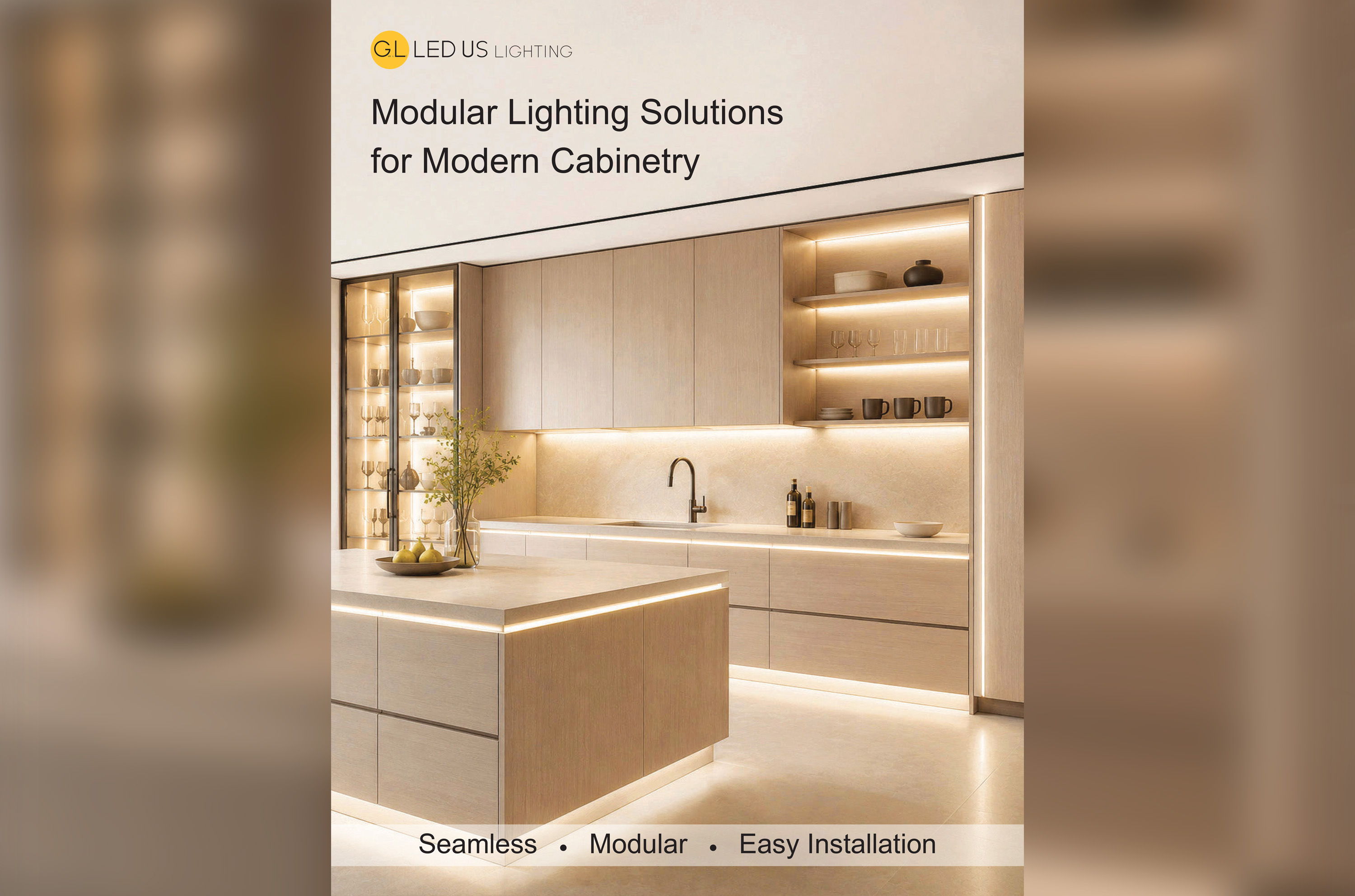 Modular cabinet lighting system with seamless under cabinet, shelf, and toe kick lighting in a modern kitchen.