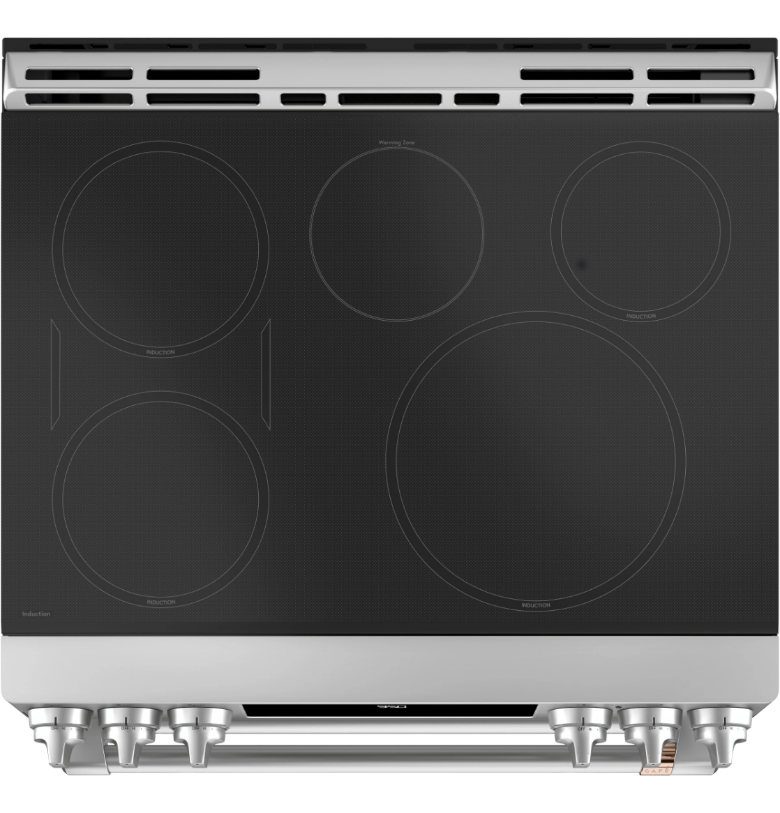Black glass cooktop with five burners and stainless steel knobs.