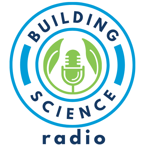 Logo for Building Science Radio featuring a microphone and circular design.