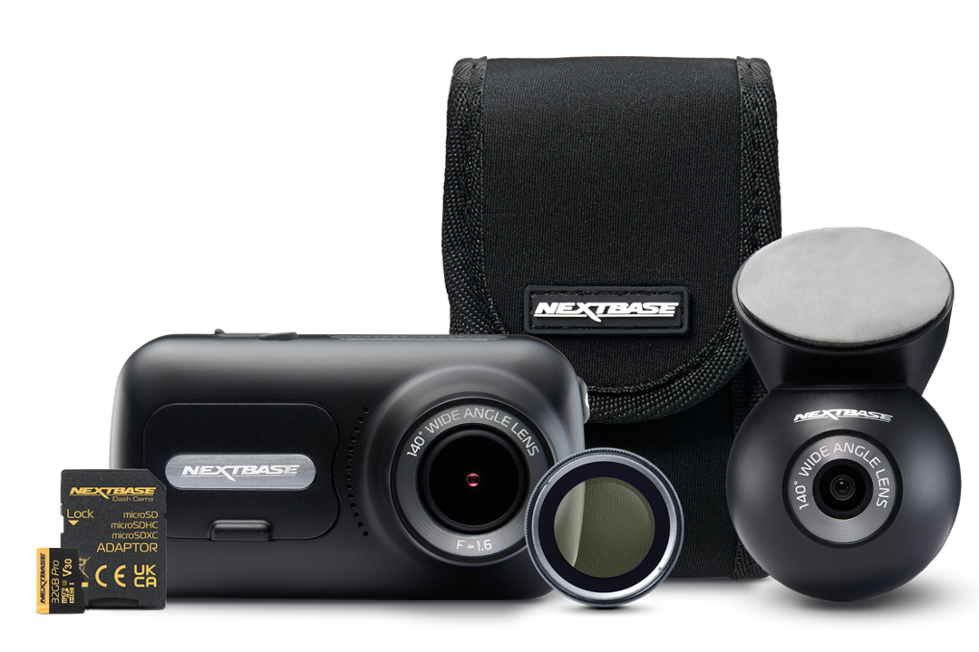 Dash camera kit with accessories and carrying case.