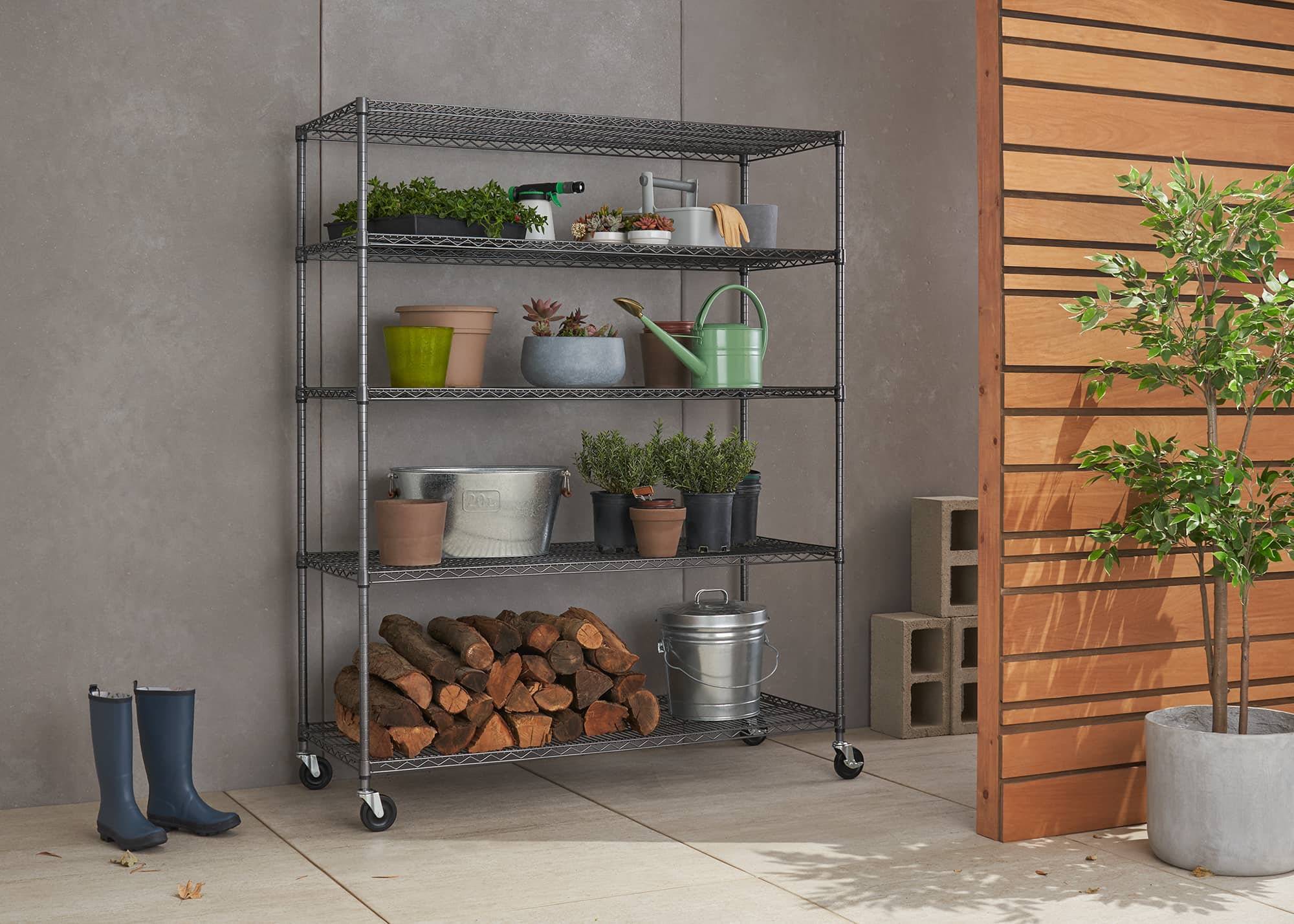wide outdoor wire shelving rack with wheels