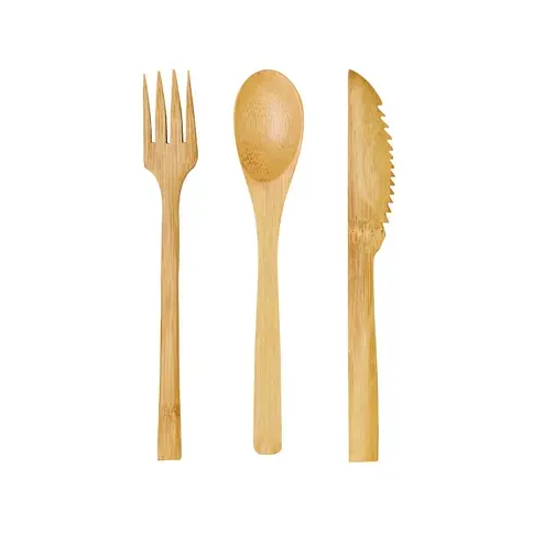 A bamboo cutlery set including a fork, knife, and spoon