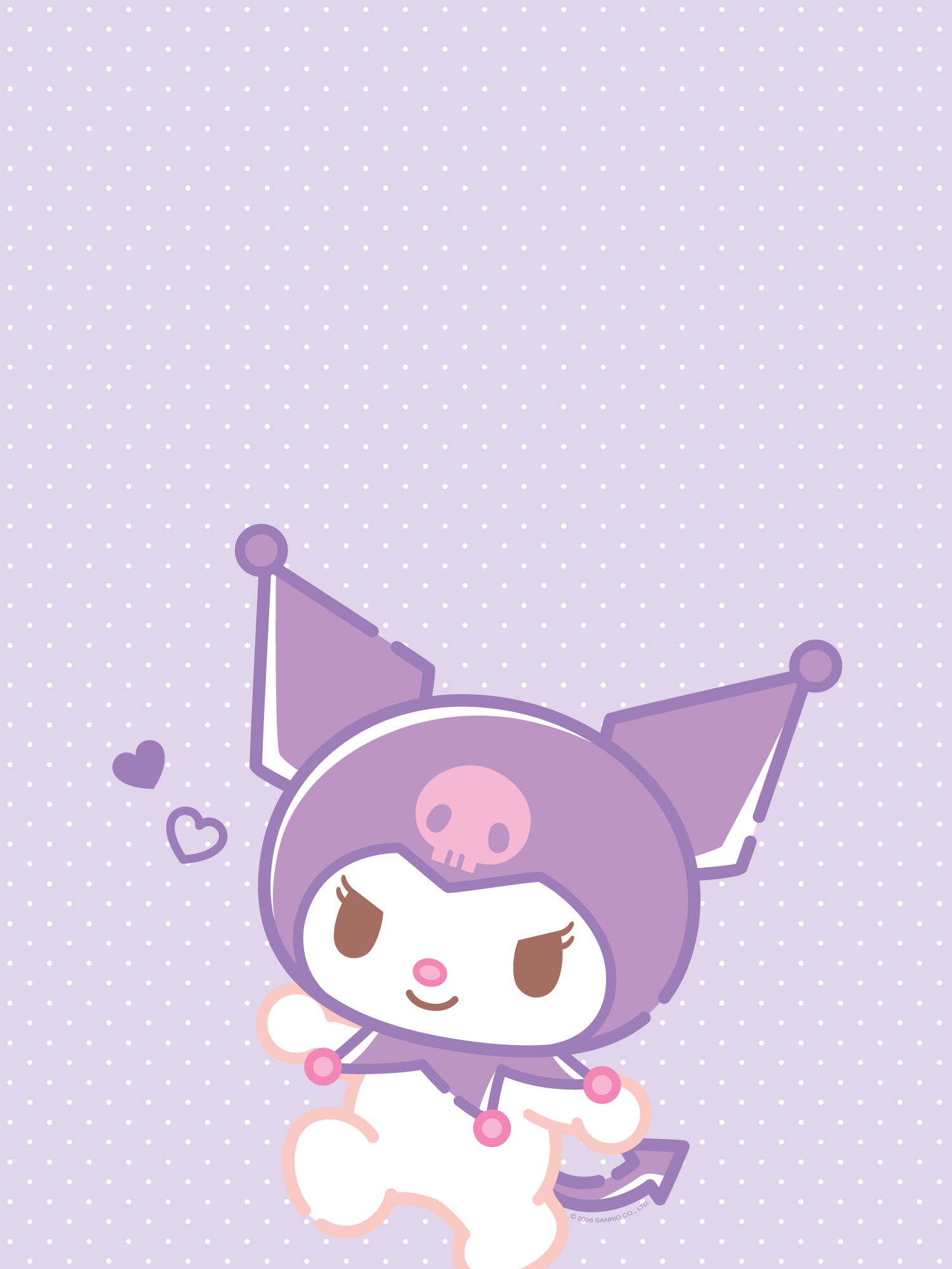 Kuromi anime character illustration in a playful pose on a light lavender polka-dot background.