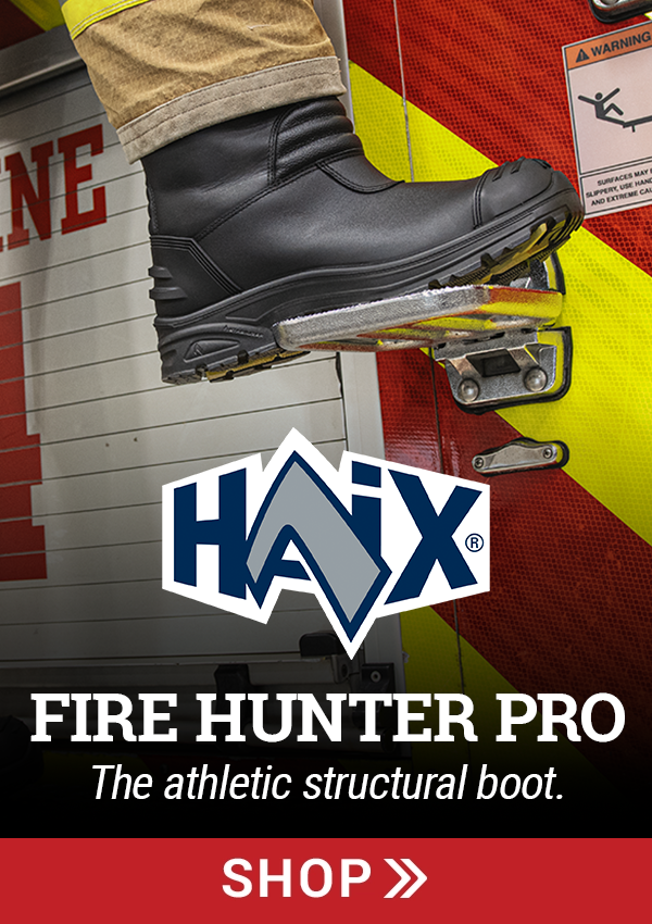 Black fire boot on a fire truck with promotional text.