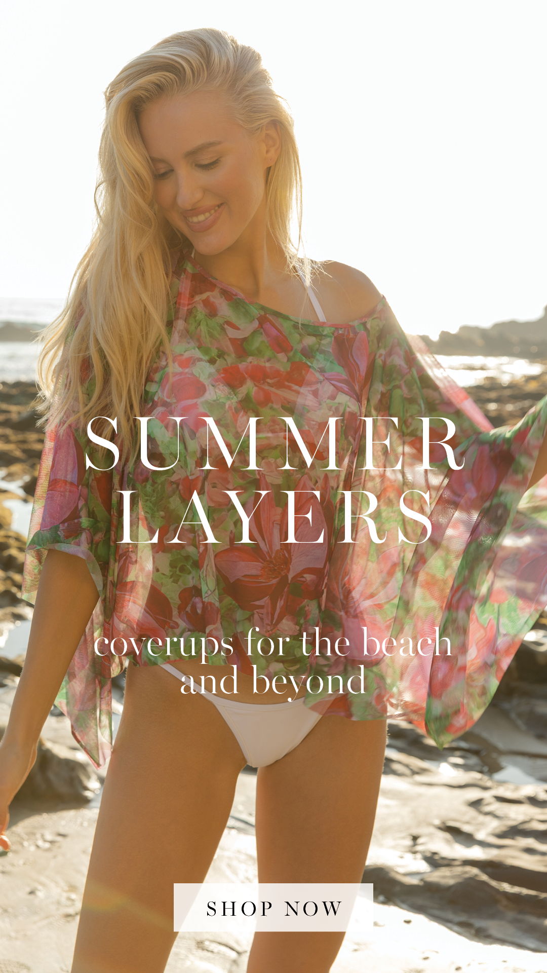 Woman in beach coverup, promoting summer layers and beachwear.