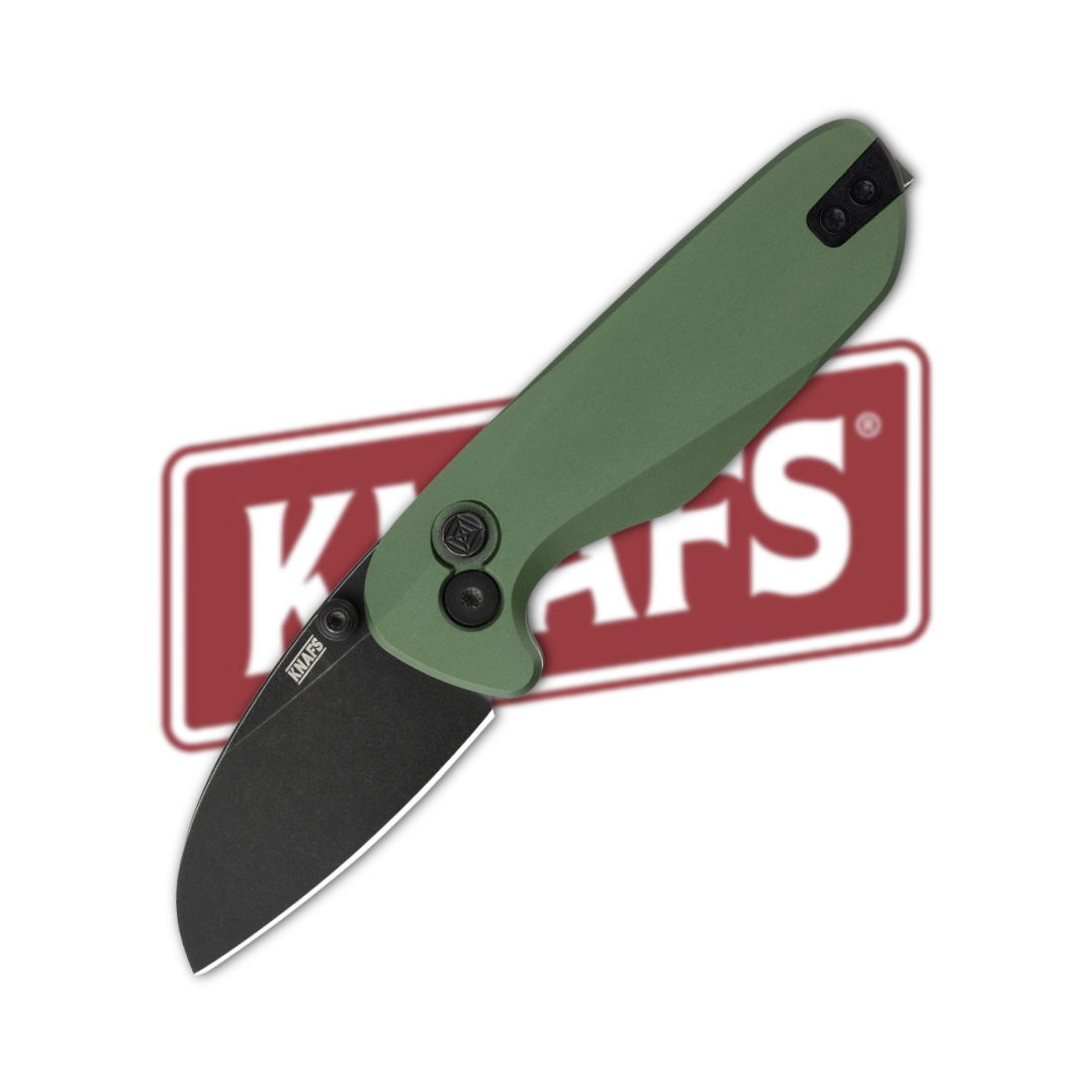 A folding knife with a green handle and black blade, featuring a logo.