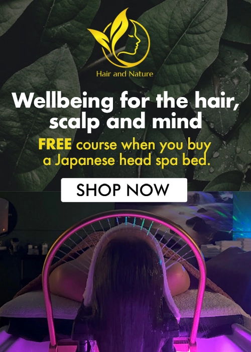 Wellbeing for hair, scalp, and mind; free course with head spa bed purchase.
