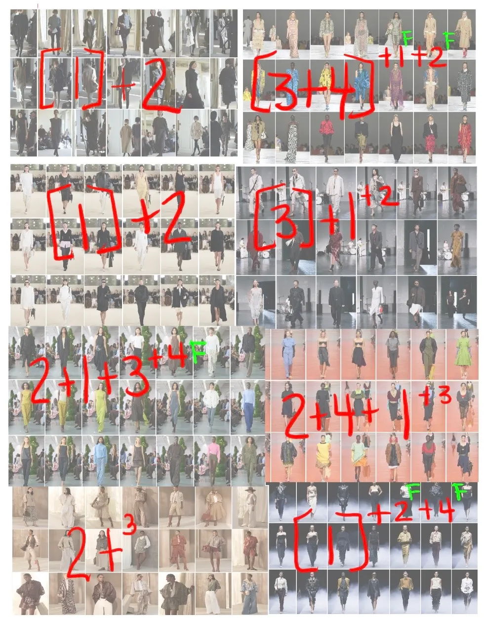 A grid of images with mathematical notations and calculations written in red.
