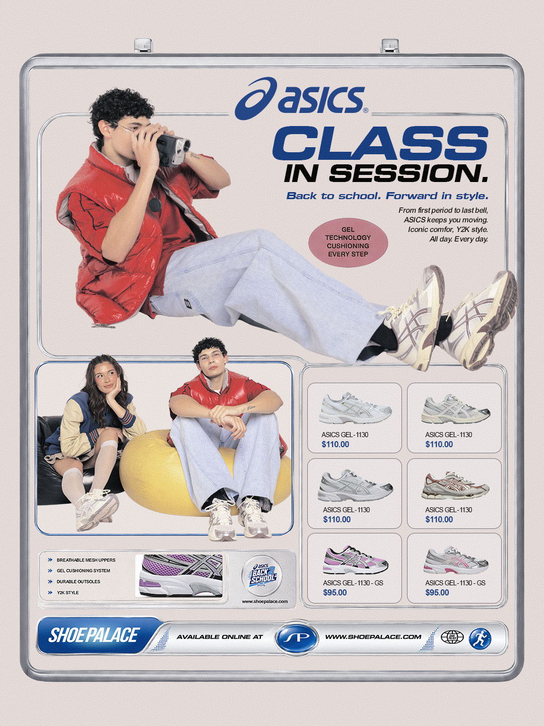 ASICS advertisement featuring students and various shoe designs for back-to-school.