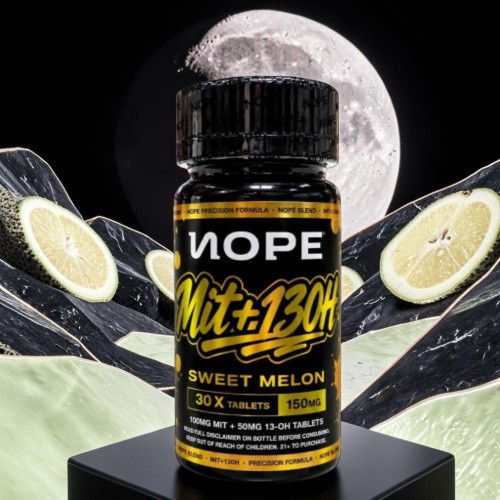Bottle of Nut + 130mg Sweet Melon with a moon background.
