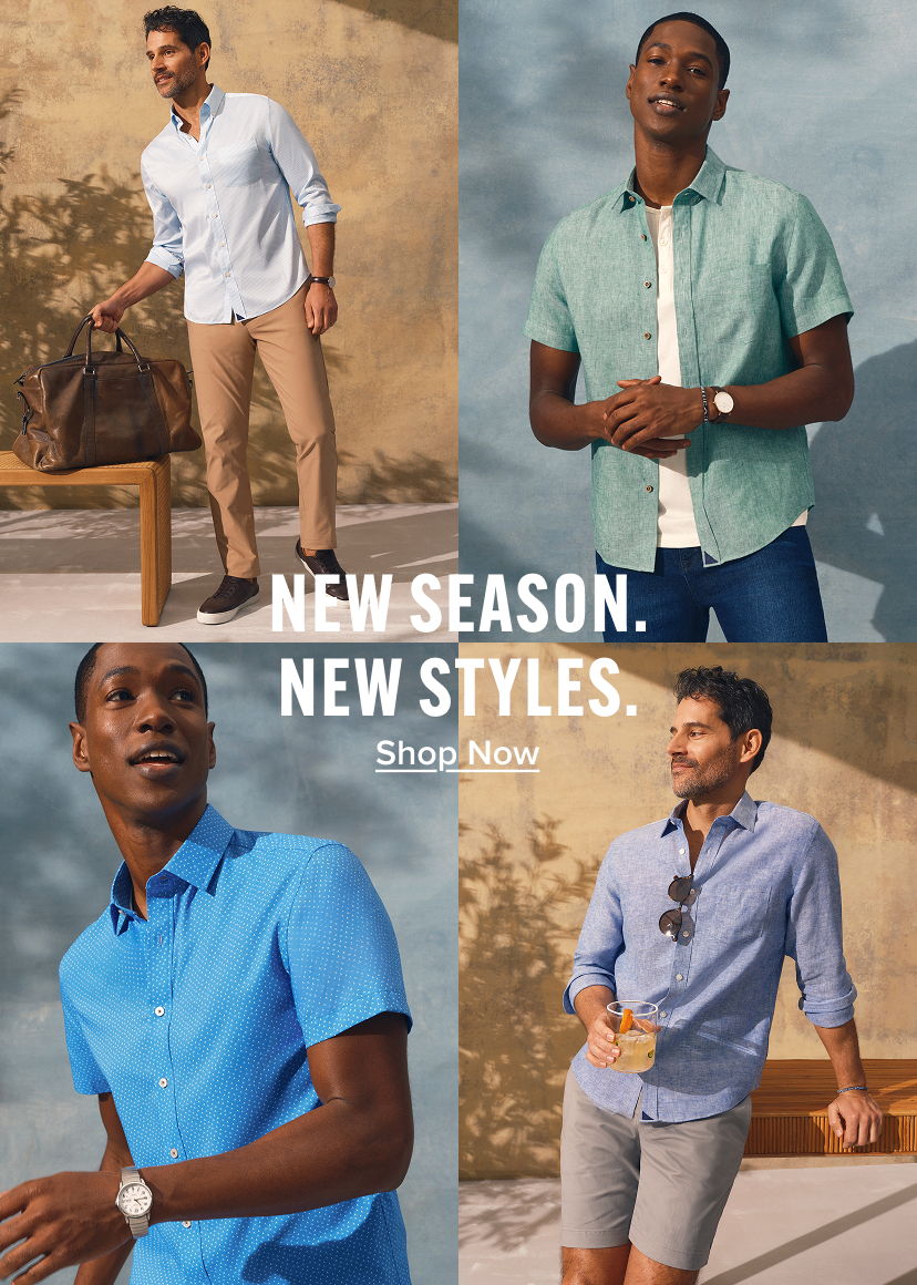 Collage of men in stylish shirts promoting new season clothing styles.