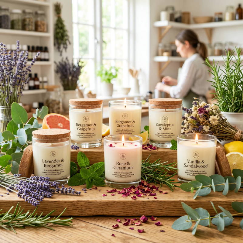Candle display with herbs and flowers in a cozy workshop setting.