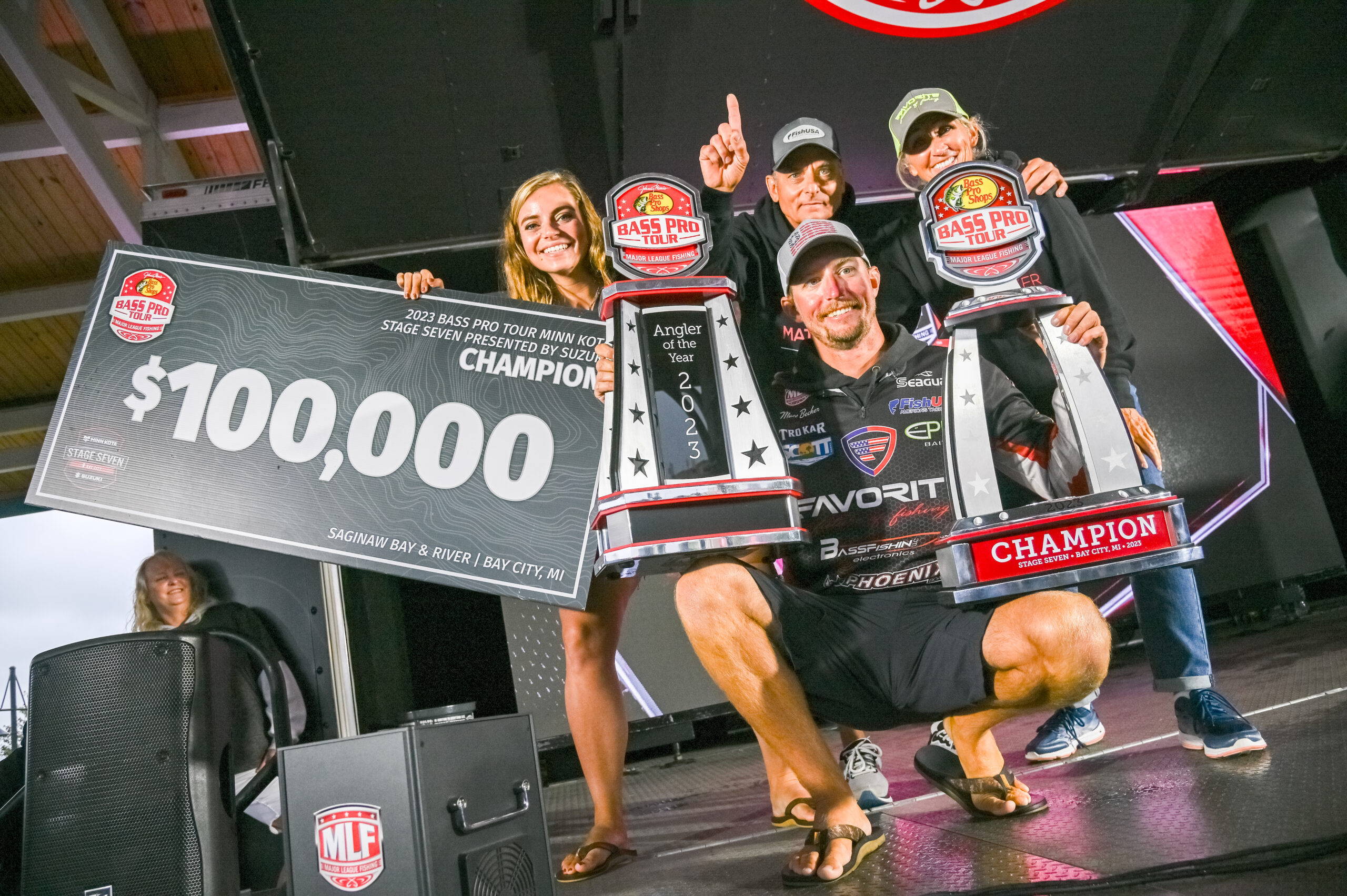 Matt Becker, family, Bass Pro Tour AOY  trophy, Stage Seven trophy, check