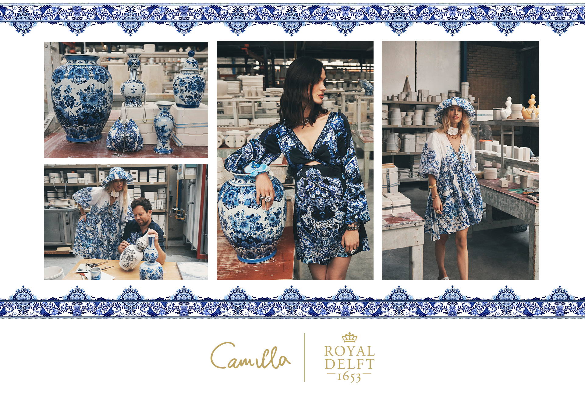 IMAGES WEARING CAMILLA ROYAL DELFT COLLECTION IN ROYAL DELFT FACTORY