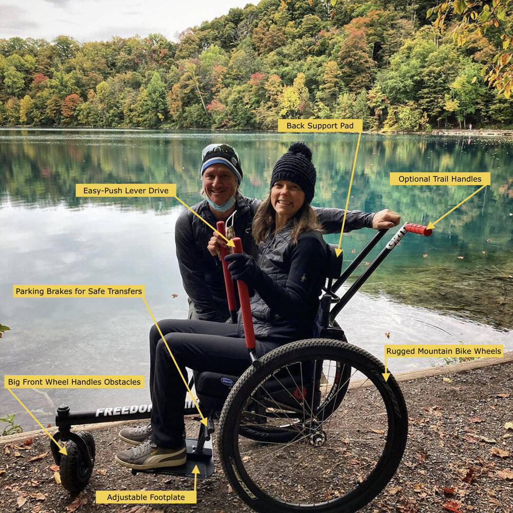 Yellow text boxes with arrows pointing out features of GRIT Freedom Chair over photo of two adults in front of water and wooded tree area