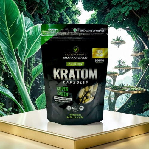 Kratom capsules package on a table with tropical background.
