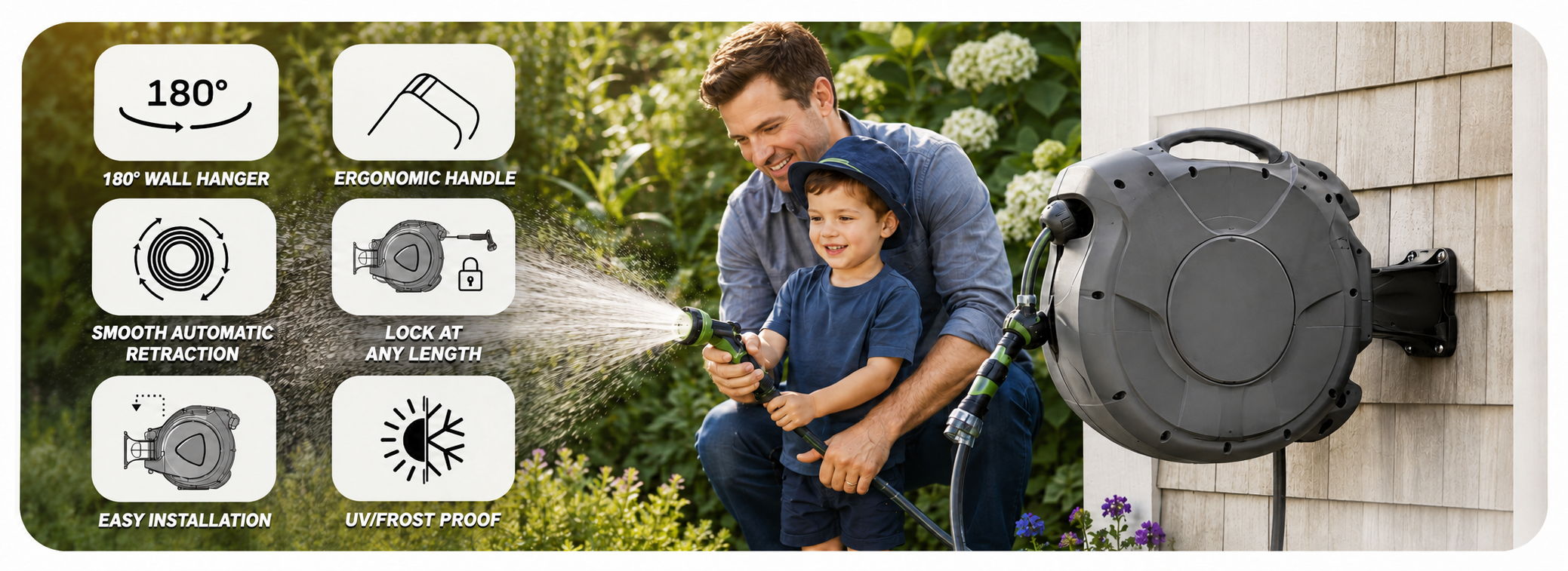 Man and boy using a garden hose near a wall-mounted reel.