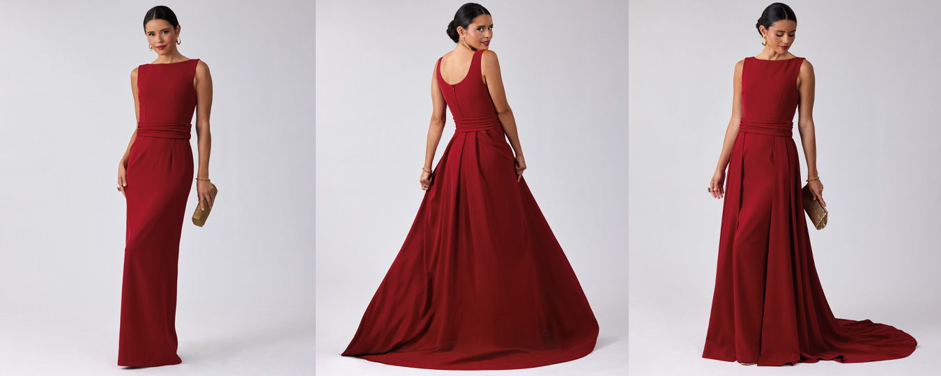 A model showcases a long red dress from multiple angles.