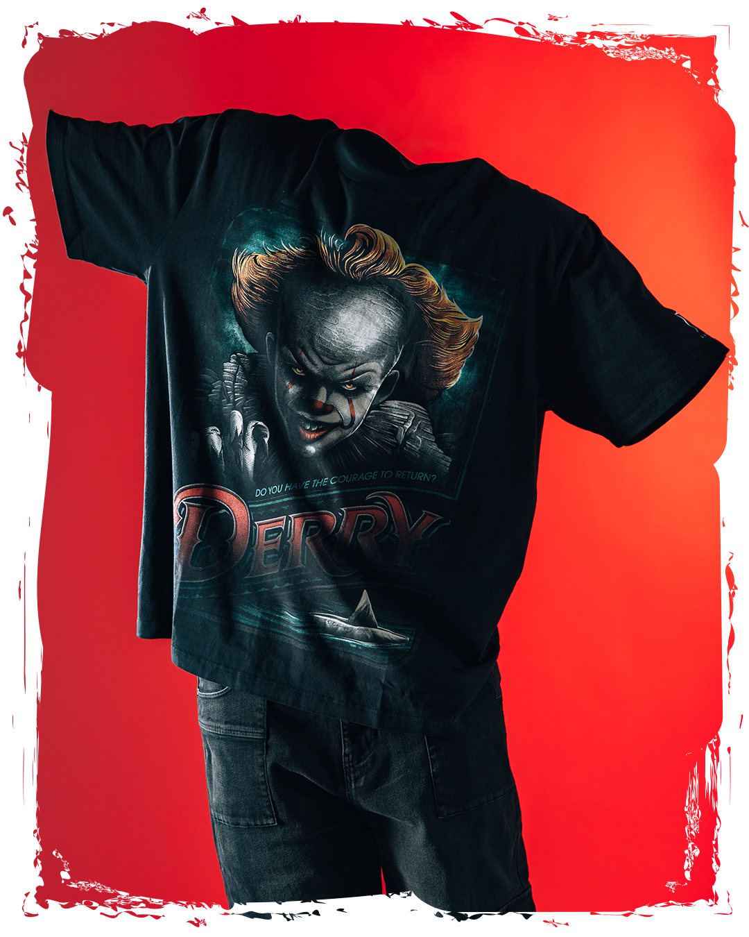 Black t-shirt featuring a clown graphic against a red background.