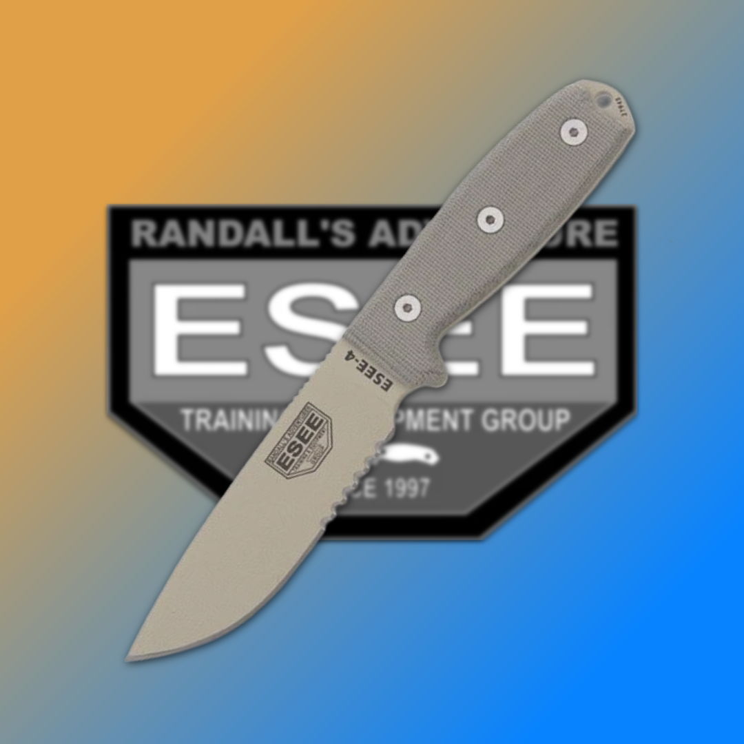 Knife with a gray handle in front of a logo.