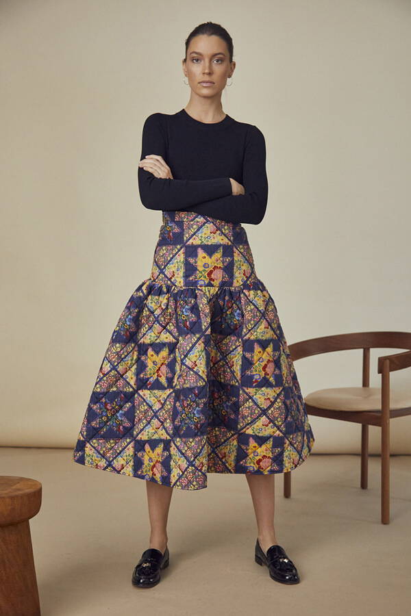 A look book image of a model wearing the Hunter Bell Remy Skirt Wales Quilt.