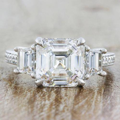 three stone art deco asscher diamond engagement ring