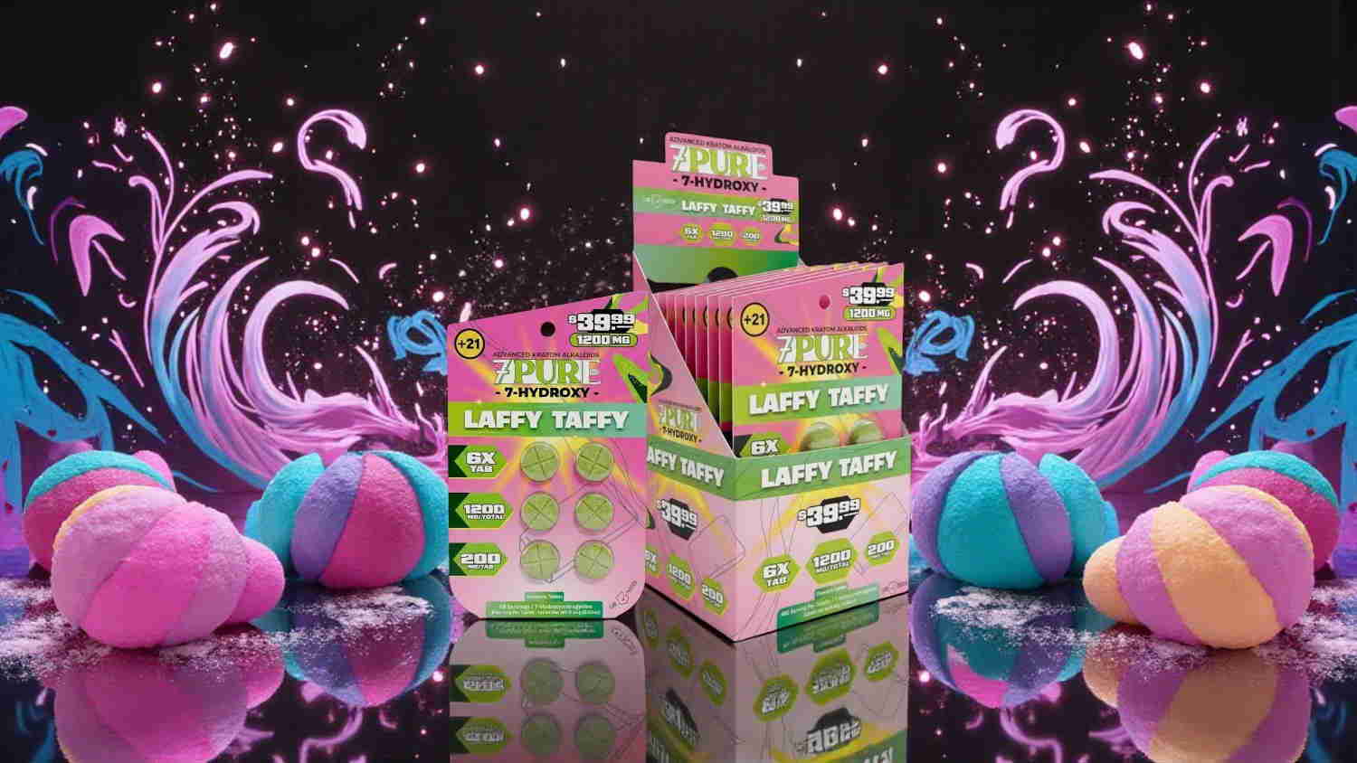 Colorful packaging with bath bombs against a vibrant background.