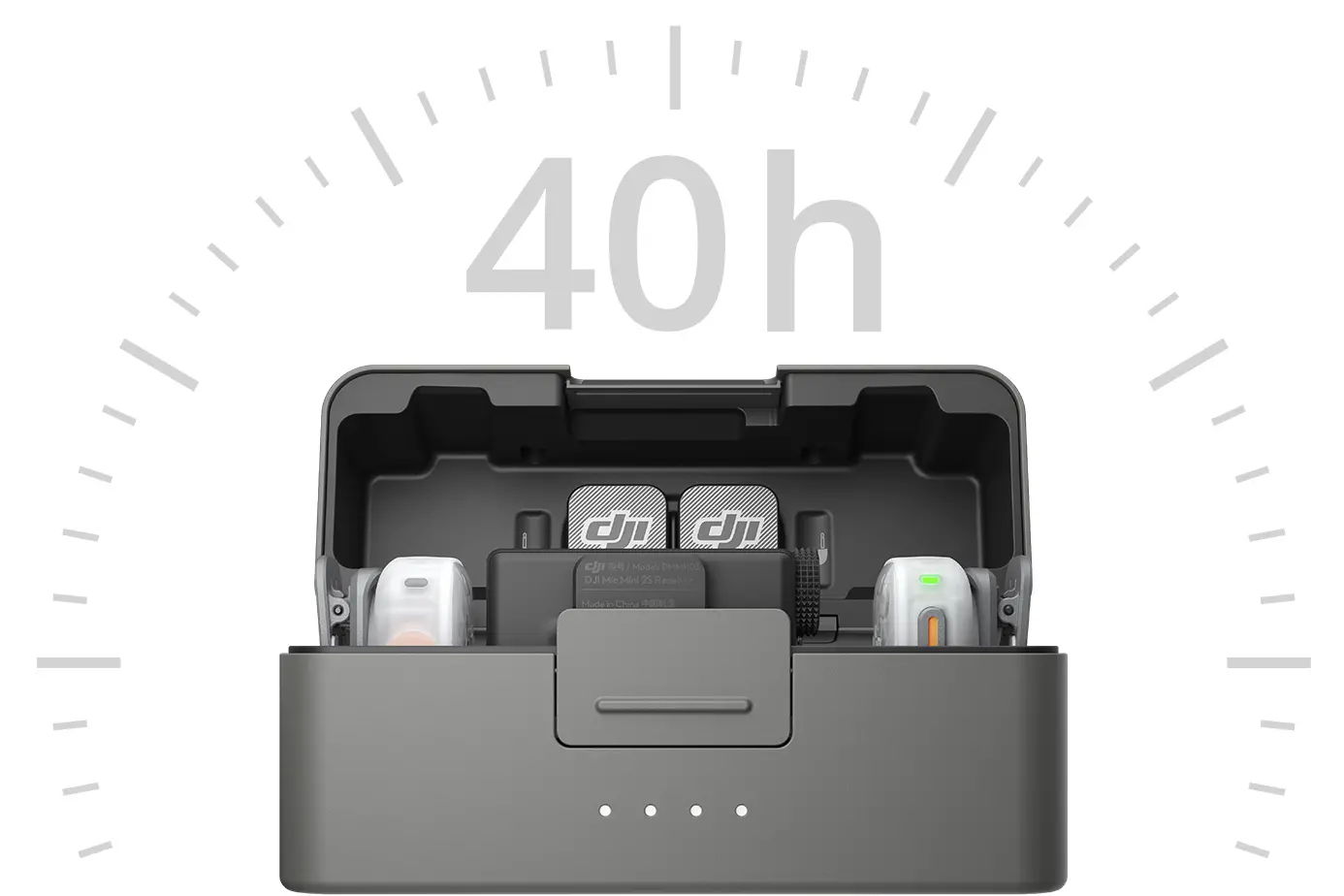 The DJI Mic Mini 2S in the charging case, indicating 40 hours of battery life.