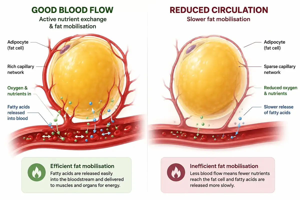 Diagram illustrating how blood flow influences fat mobilisation.