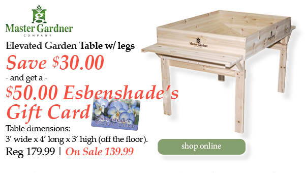 Master Gardner Elevated Garden Table with legs - Save $30.00 and get a $50.00 Esbenshade's Gift Card! Dimensions: 3-feet wide by 4-feet long by 3-feet high (off the floor). | Regular price $179.99. On Sale $149.00. | Shop Online