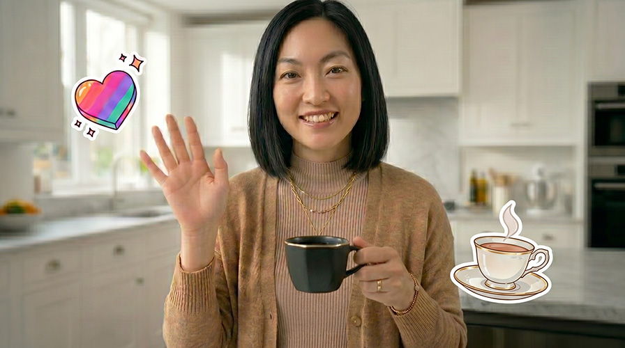Smiling woman holding a cup in a kitchen, waving with colorful icons around her.
