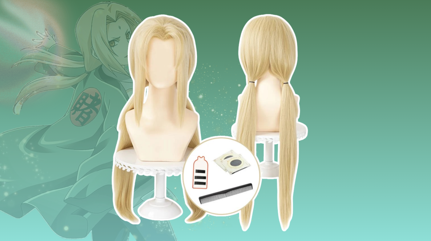 Tsunade cosplay wig styled in long blonde hair with center part and low twin ponytails for Naruto Fifth Hokage look
