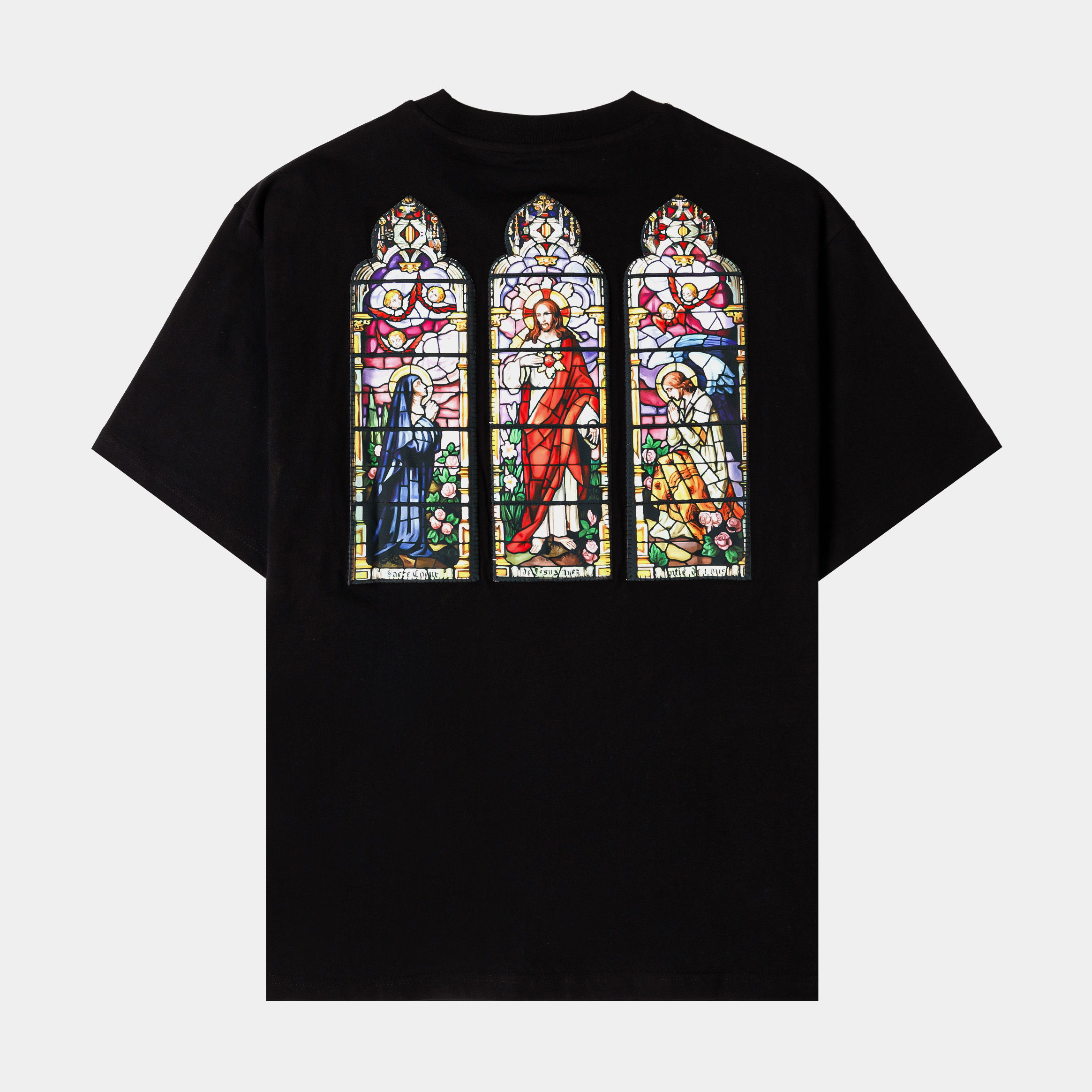 Black t-shirt with graphic design on the front.