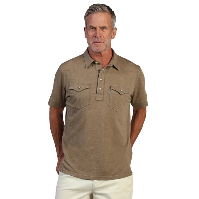 Man in a brown polo shirt with two chest pockets.