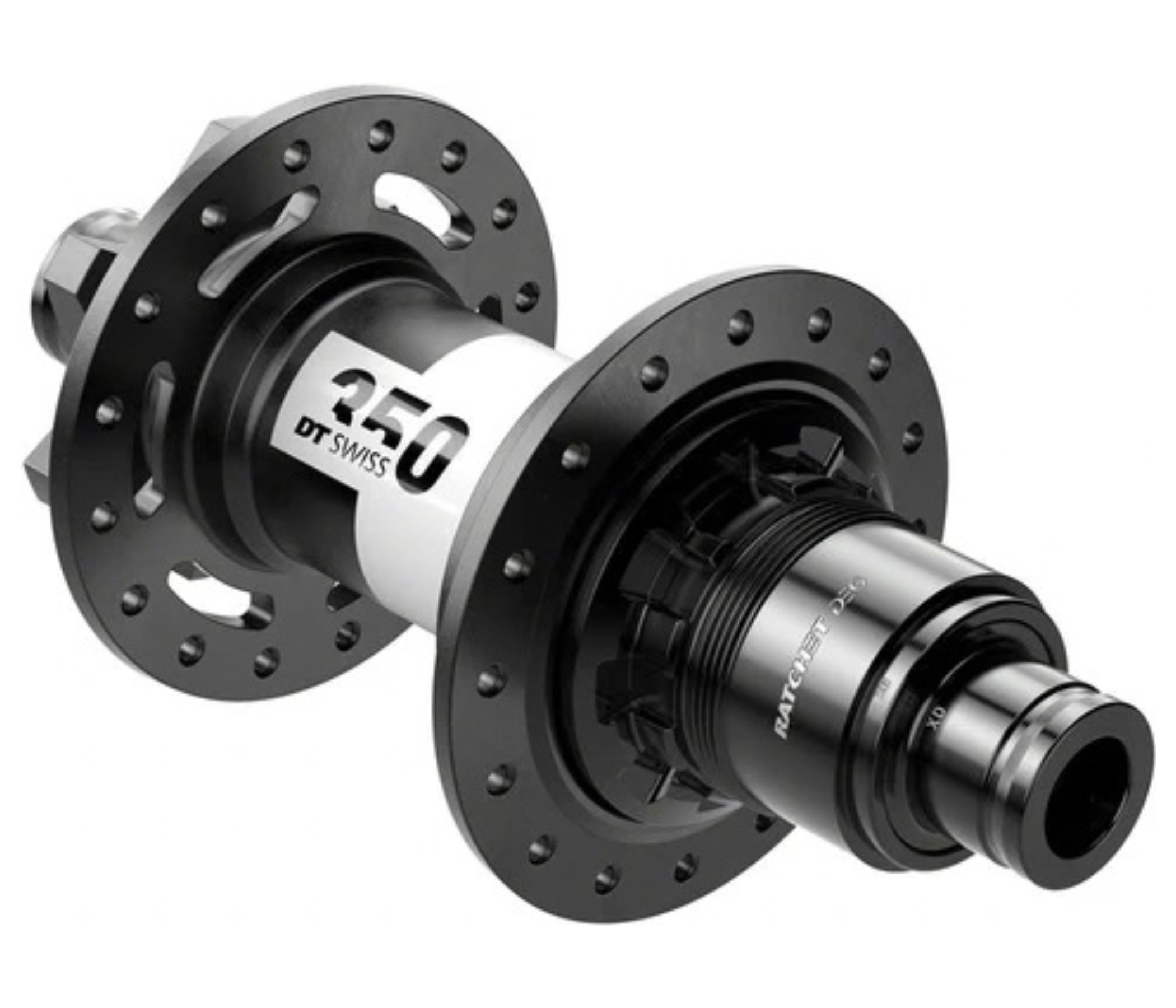Bicycle hub with black finish and white branding, showcasing design details.