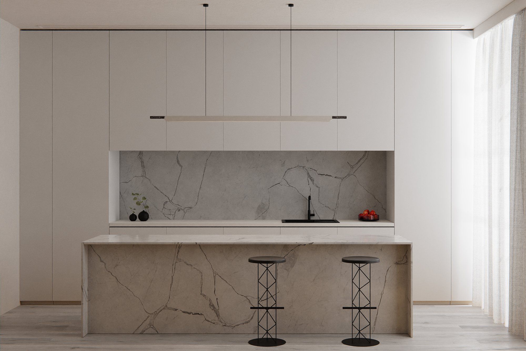 Formation Linear Brushed Silver Nero Marquina above a Kitchen Island Bench