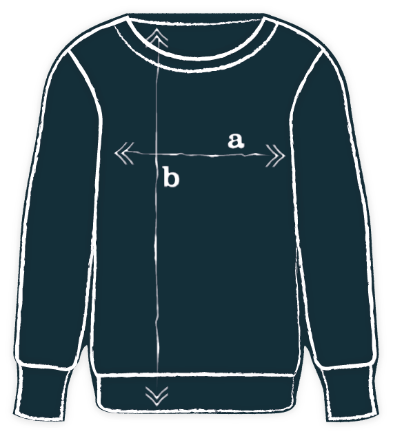 Illustration of a sweater with measurement labels a and b.