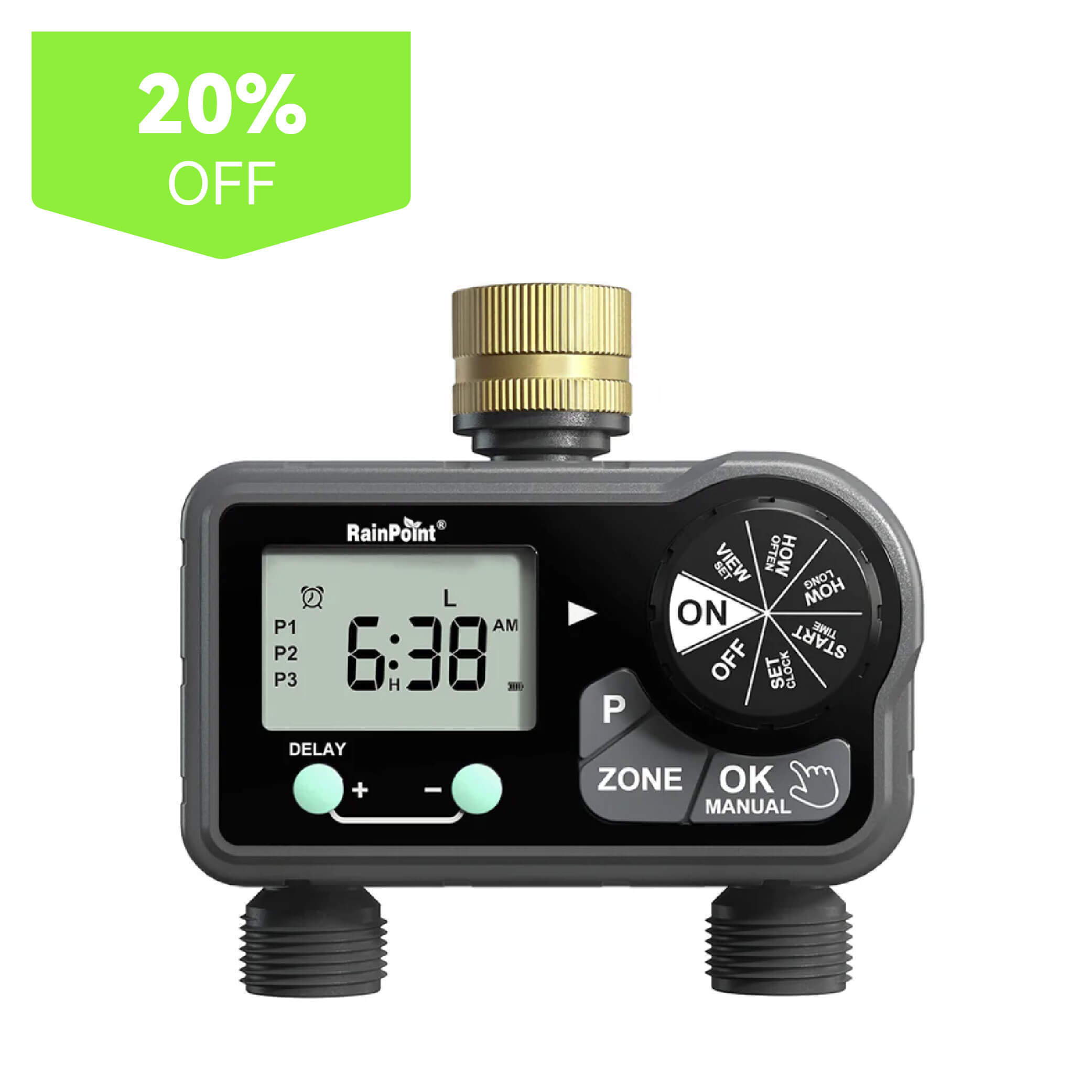Digital irrigation timer with display and 20% off label.