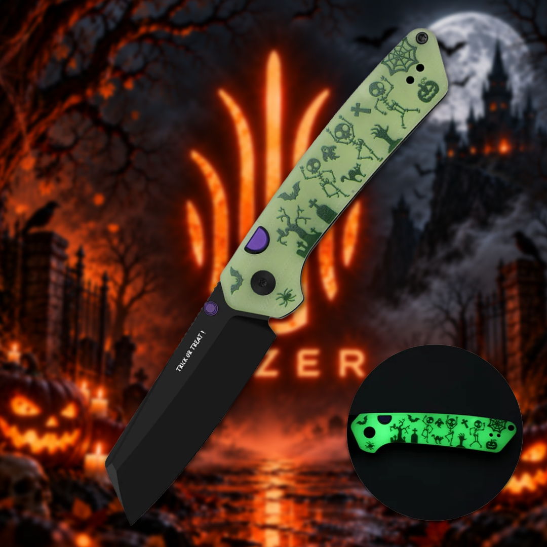 Green patterned knife on a dark, spooky background with a logo.